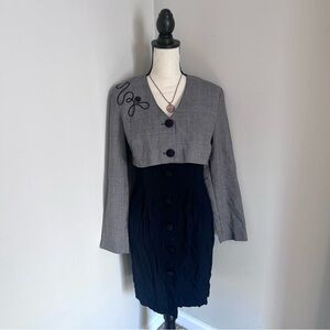 Brioche - Black & Gray Vintage Houndstooth Long Sleeve Button Midi Dress